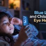 Child using a smartphone in bed under blue light, highlighting screen-related eye health concerns.