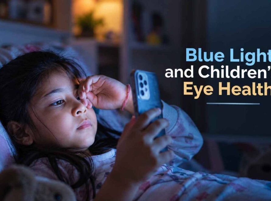 Child using a smartphone in bed under blue light, highlighting screen-related eye health concerns.