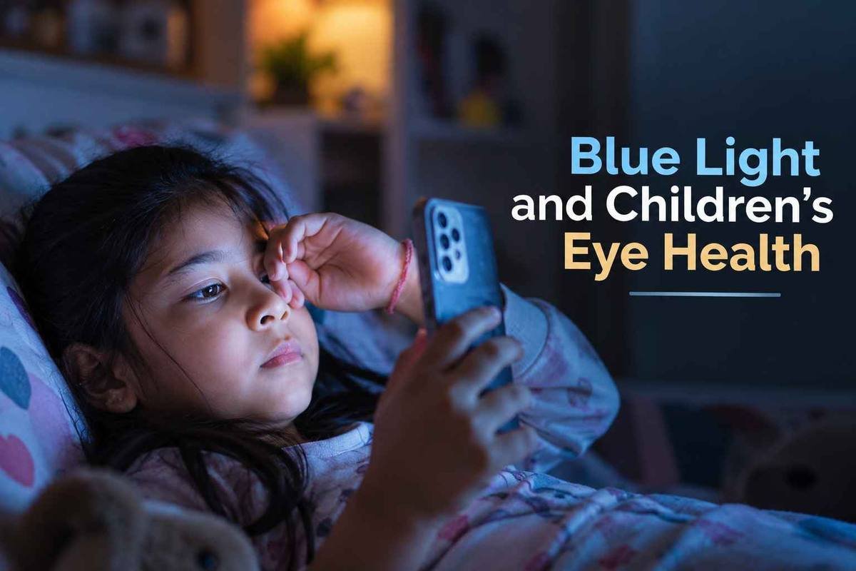 Child using a smartphone in bed under blue light, highlighting screen-related eye health concerns.