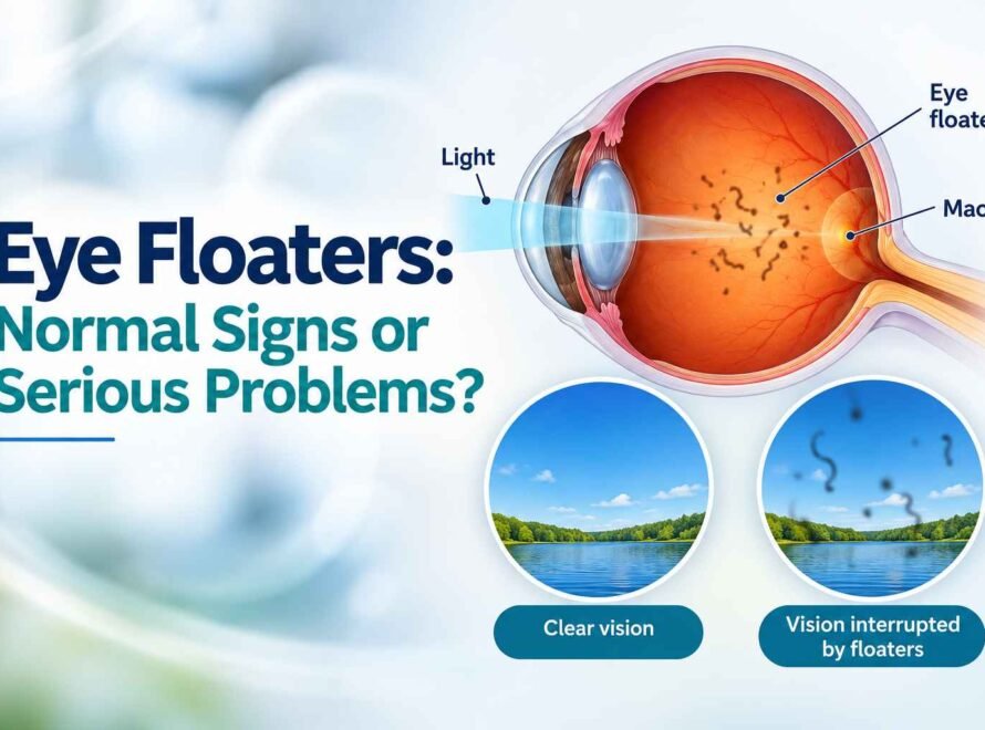 Medical illustration of the eye's internal structure showing floaters and their effect on vision.