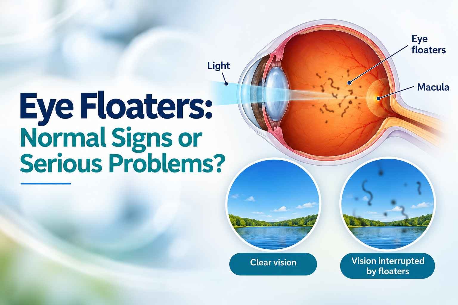 Medical illustration of the eye's internal structure showing floaters and their effect on vision.