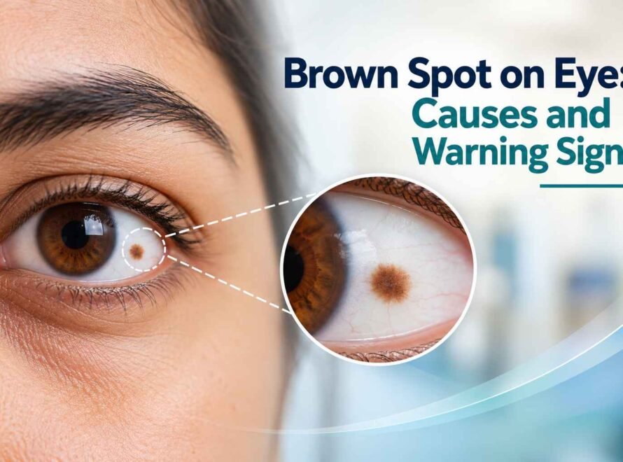 Close-up of an eye with a brown spot on the white surface, highlighting a pigmented area for examination.