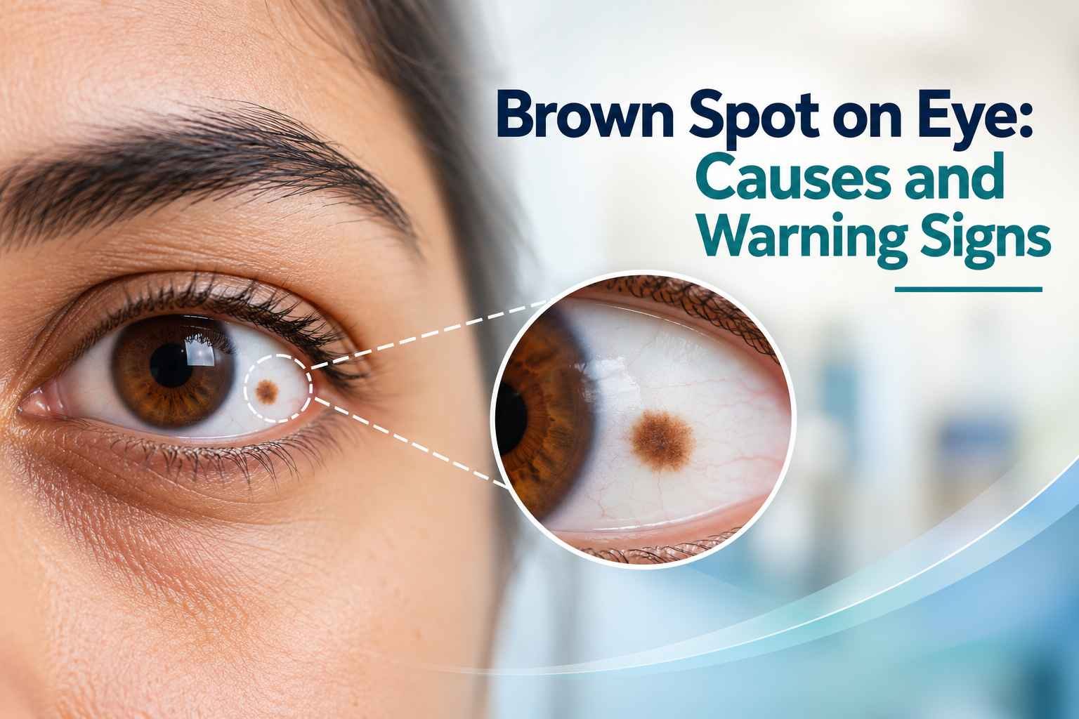 Close-up of an eye with a brown spot on the white surface, highlighting a pigmented area for examination.