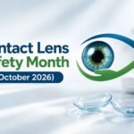 Eye care awareness banner featuring a blue eye graphic and contact lenses, October 2026.
