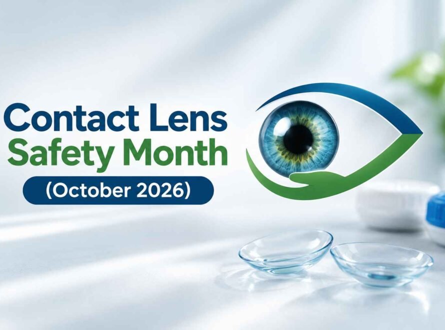 Eye care awareness banner featuring a blue eye graphic and contact lenses, October 2026.
