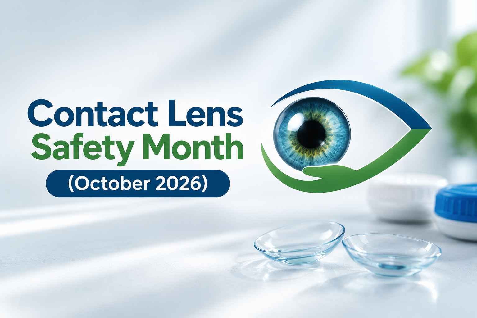 Eye care awareness banner featuring a blue eye graphic and contact lenses, October 2026.
