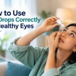 Woman correctly applying eye drops while gently pulling down her lower eyelid.