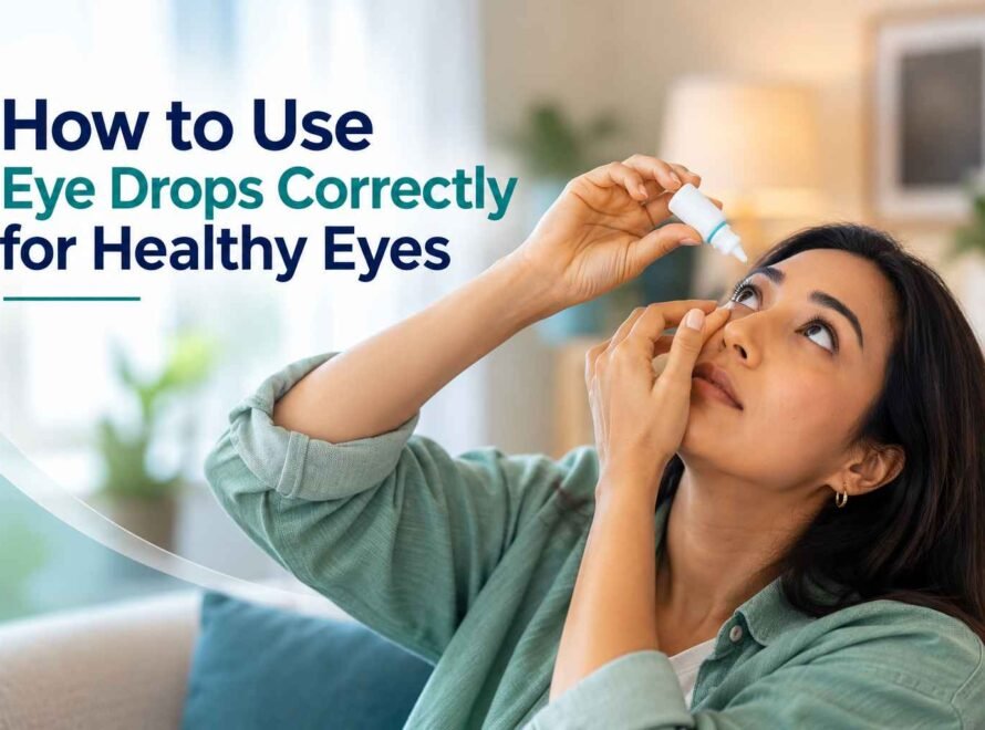 Woman correctly applying eye drops while gently pulling down her lower eyelid.