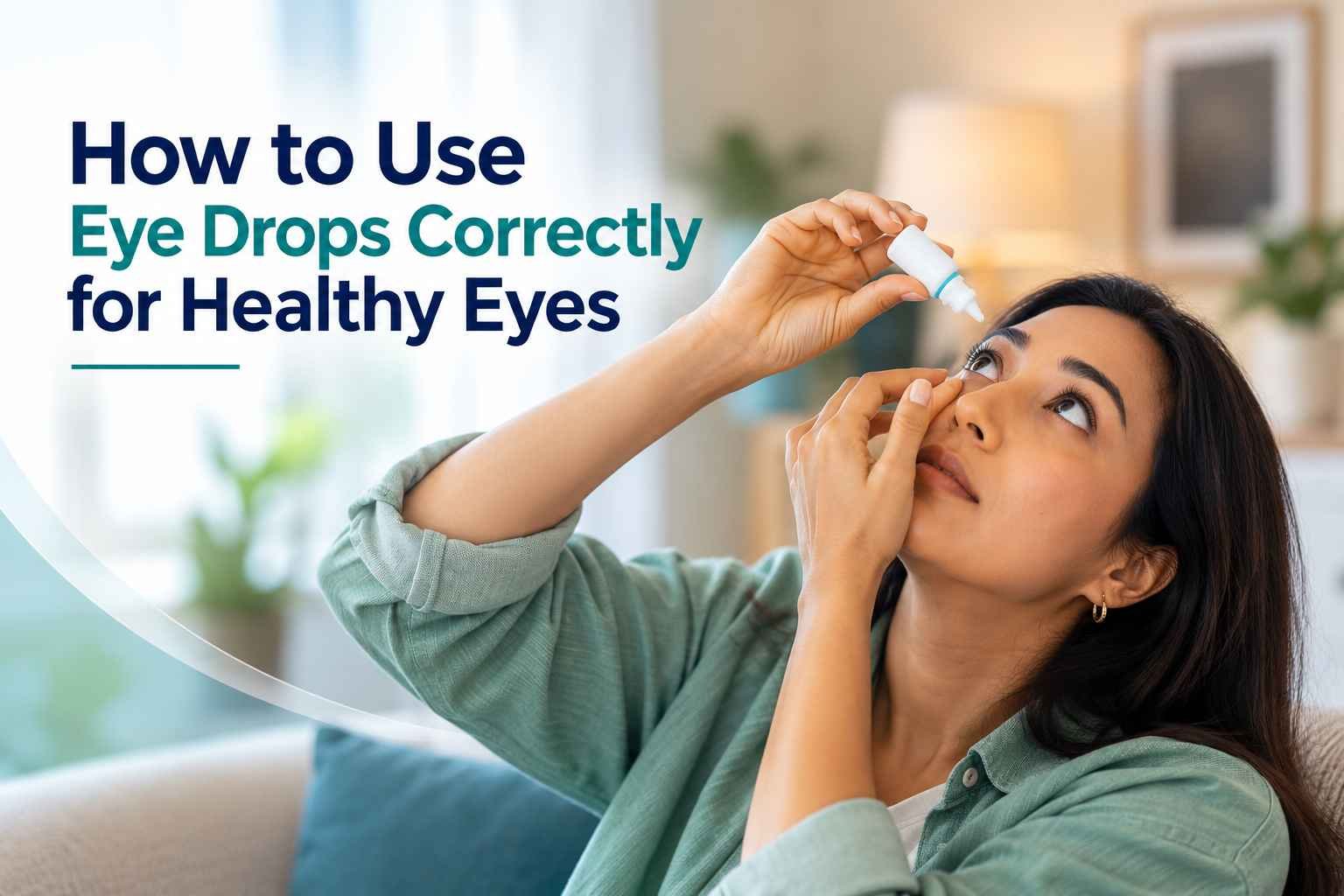 Woman correctly applying eye drops while gently pulling down her lower eyelid.