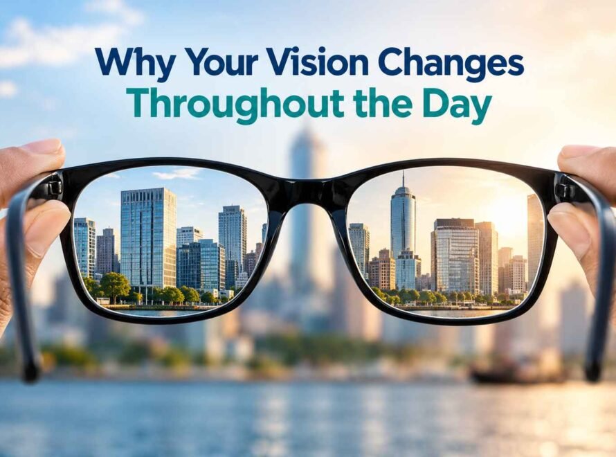 Hands holding eyeglasses with a city skyline visible through the lenses, illustrating changes in vision.