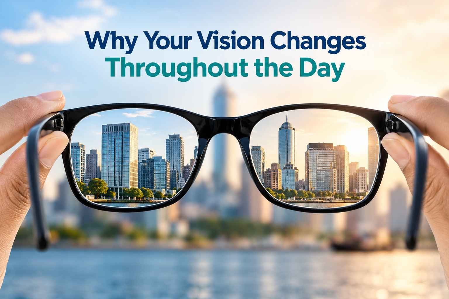 Hands holding eyeglasses with a city skyline visible through the lenses, illustrating changes in vision.